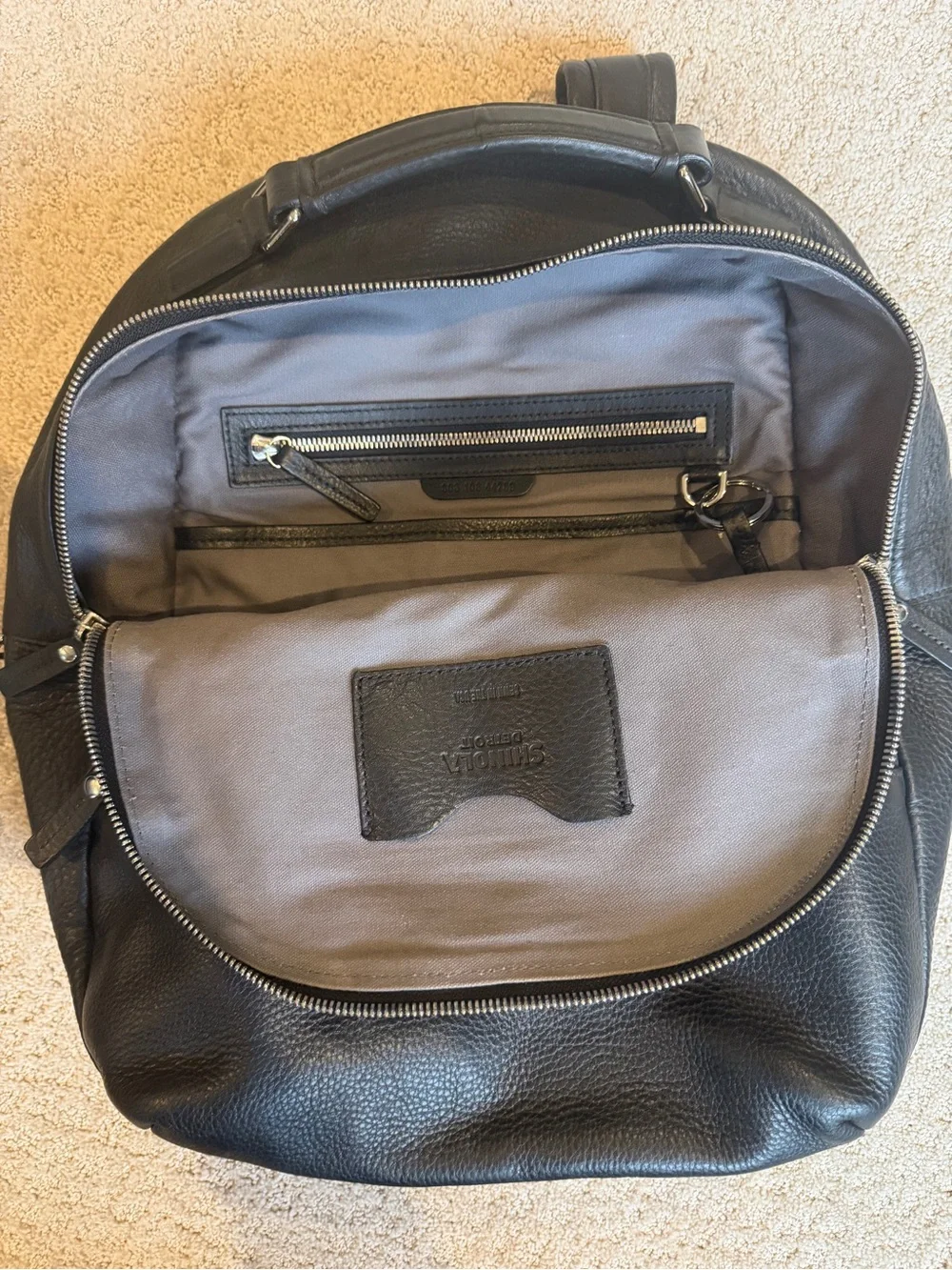Shinola Black Pebbled Leather Backpack with Silver Hardware